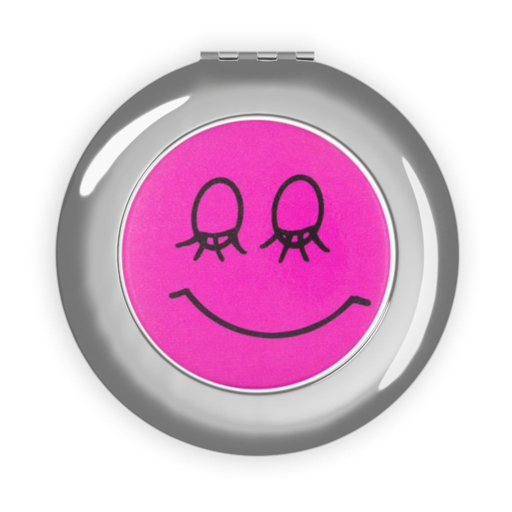 Pink Smiley Compact Travel Mirror — Cute Closed-Eye Face Pocket Mirror