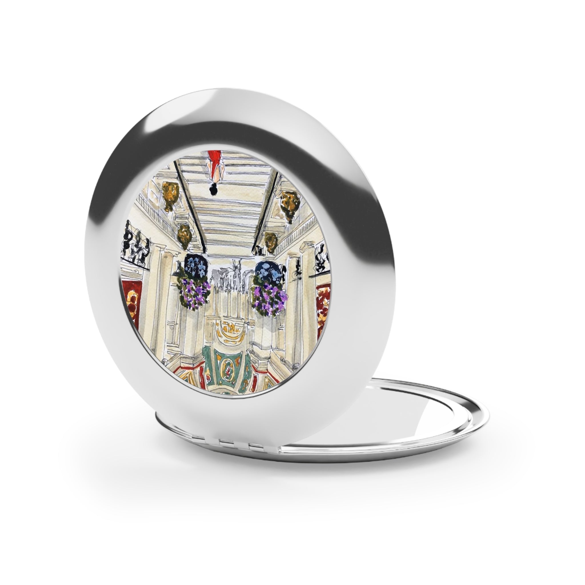 Compact Travel Mirror — Elegant Palace Staircase Illustration Pocket Mirror