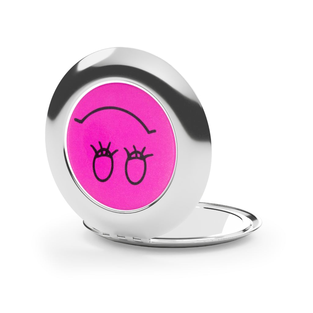 Pink Smiley Compact Travel Mirror — Cute Closed-Eye Face Pocket Mirror