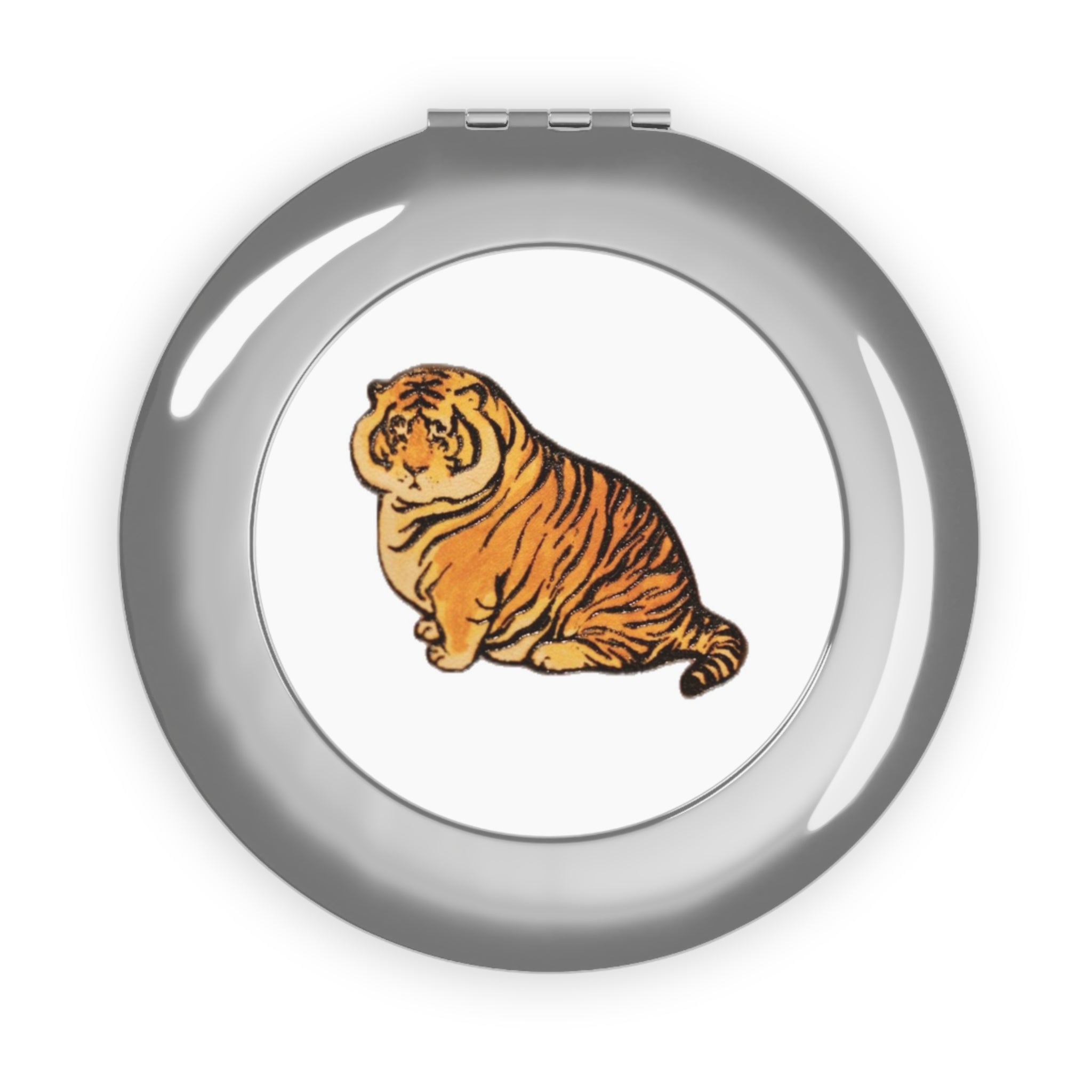 Compact Travel Mirror with Cute Chubby Tiger Illustration — Pocket Makeup Mirror, Cute Animal Gift