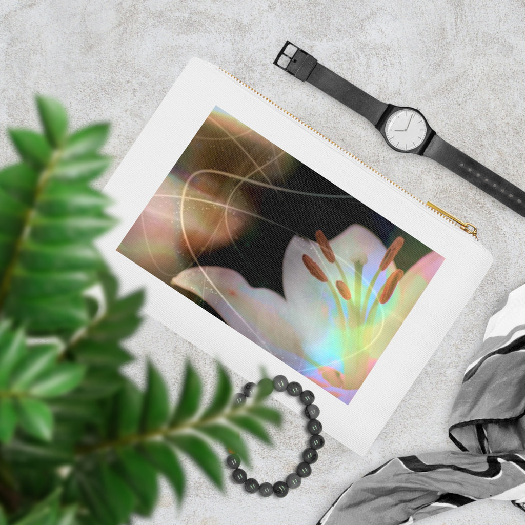 Iridescent Lily Cosmetic Bag — Holographic Floral Makeup Pouch
