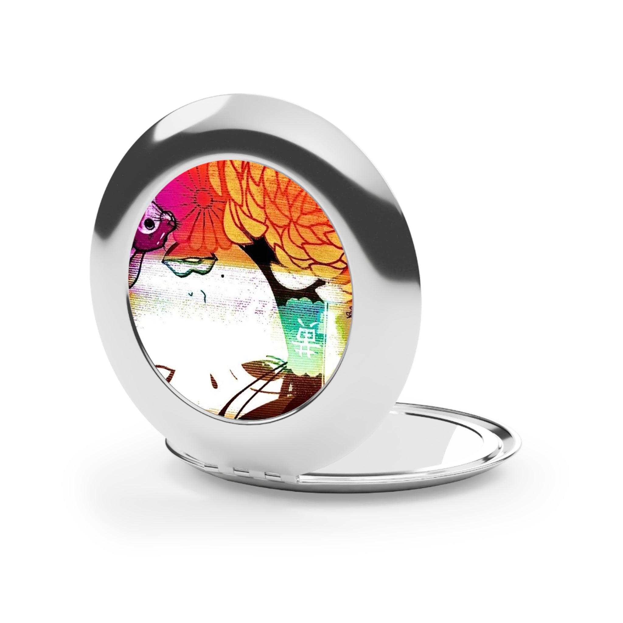 Compact Floral Pop Art Travel Mirror — Portable Pocket Mirror with Asian-Inspired Illustration