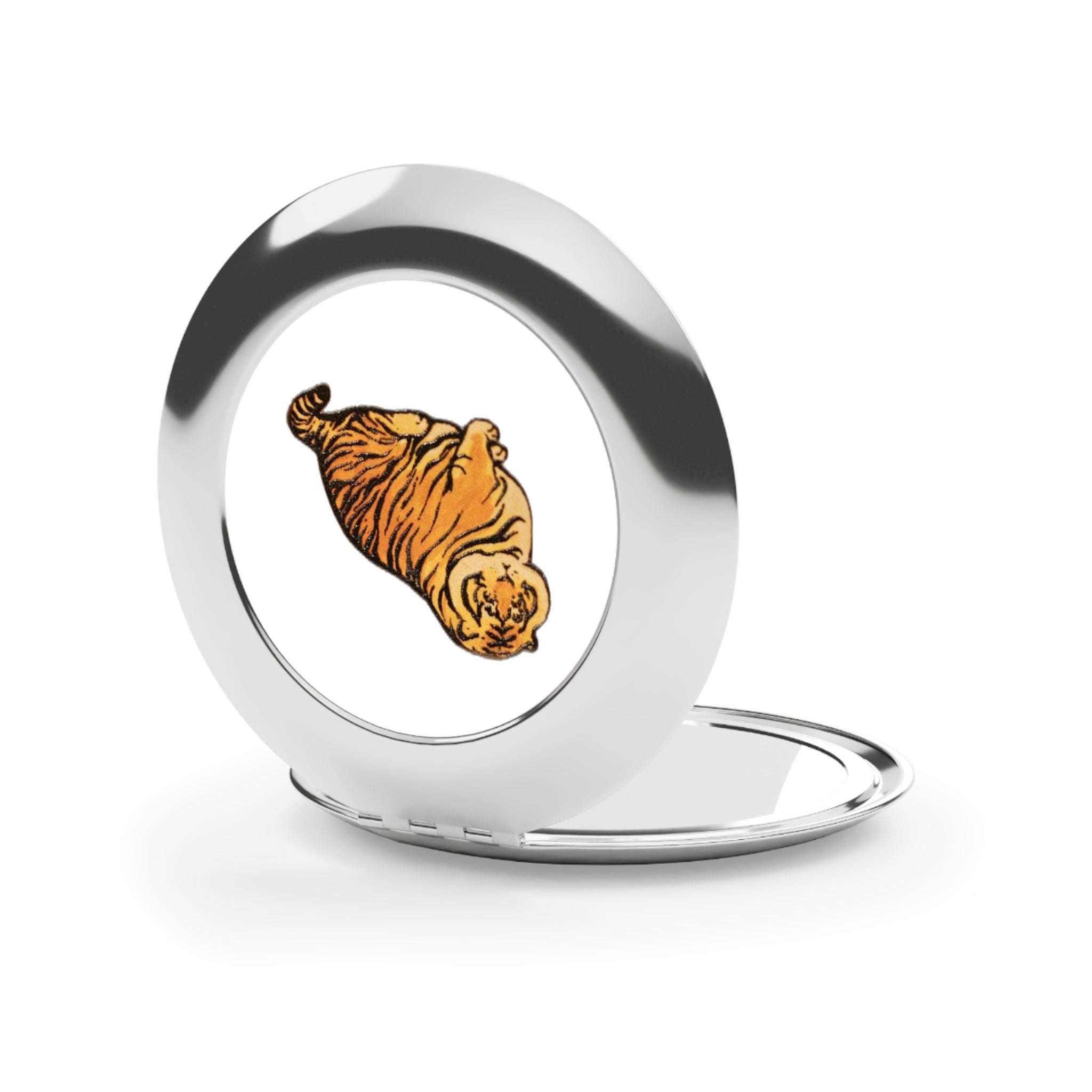 Compact Travel Mirror with Cute Chubby Tiger Illustration — Pocket Makeup Mirror, Cute Animal Gift